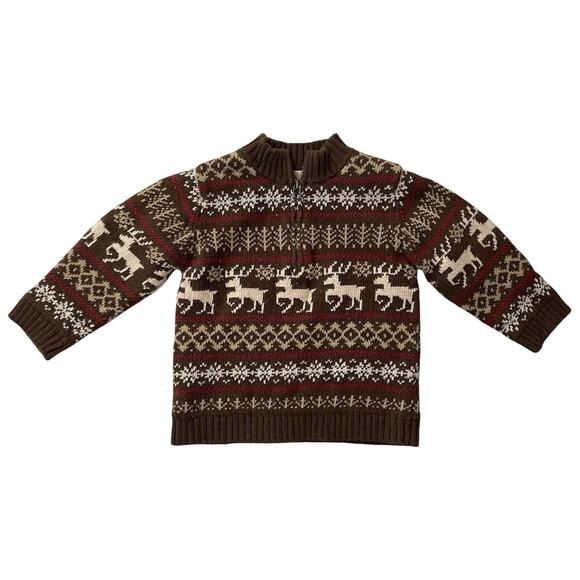 Janie and Jack Sweater Size 2T Boy Brown Reindeer Fair Isle Lined Holiday Nordic - Picture 1 of 6